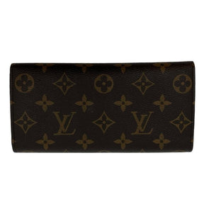 Louis Vuitton Emilie Wallet, LV logo brown exterior, snap front closure, green snap accent, green leather lining, single interior pocket and card slots, condition great, back view