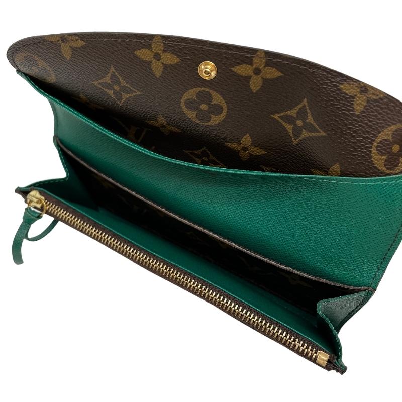 Louis Vuitton Emilie Wallet, LV logo brown exterior, snap front closure, green snap accent, green leather lining, single interior pocket and card slots, condition great, top view