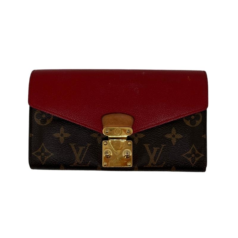 Louis Vuitton Monogram Leather Pallas Wallet, LV logo print exterior, red leather exterior flap, gold tone hardware, push lock closure at front, red leather interior, four interior pockets and card slots, condition excellent, front view