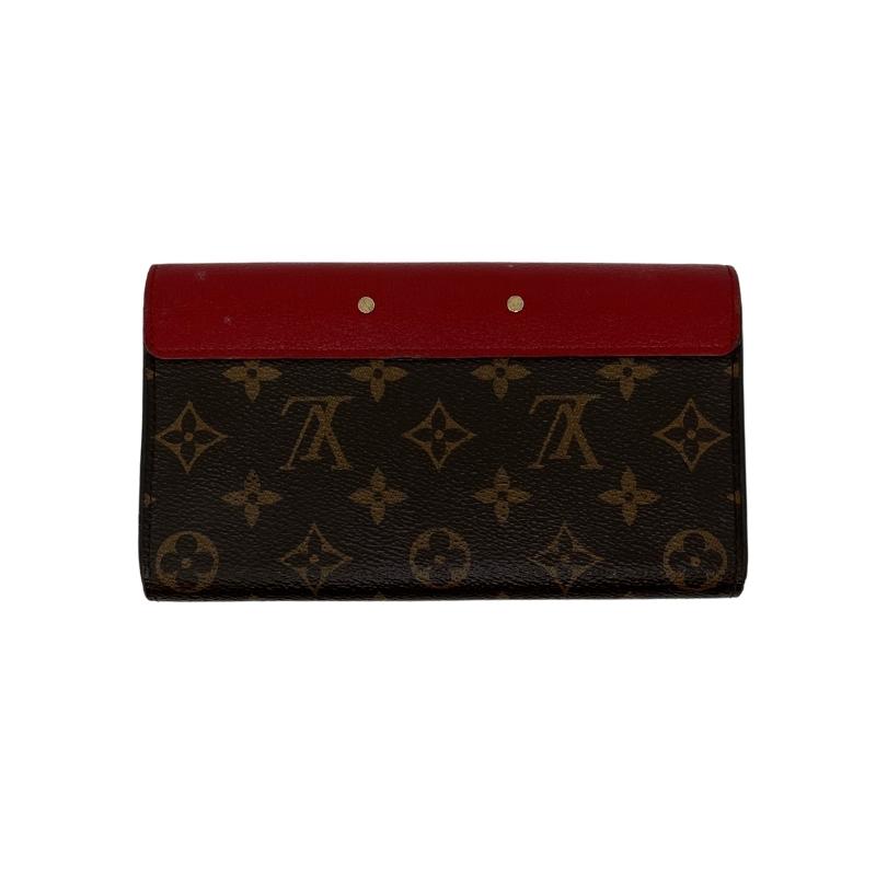 Louis Vuitton Monogram Leather Pallas Wallet, LV logo print exterior, red leather exterior flap, gold tone hardware, push lock closure at front, red leather interior, four interior pockets and card slots, condition excellent, back view