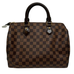 Louis Vuitton Damier Ebene Speedy 25 with coated canvas, leather trim, and brass hardware. Great condition