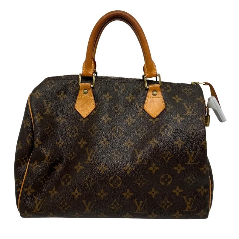 Louis Vuitton logo speedy 30, brown monogram coated canvas exterior, rolled handles, top zipper closure, canvas lining, single interior pocket, brass hardware, condition good, front view