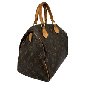 Louis Vuitton logo speedy 30, brown monogram coated canvas exterior, rolled handles, top zipper closure, canvas lining, single interior pocket, brass hardware, condition good, side view