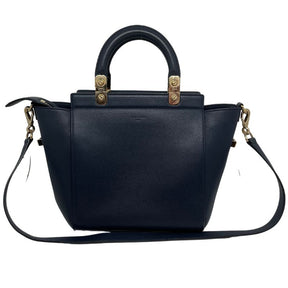 Givenchy HDG Leather Tote with navy leather, gold tone hardware, flat handles, single shoulder strap, suede lining, three interior pockets, zip closure at top. Great condition