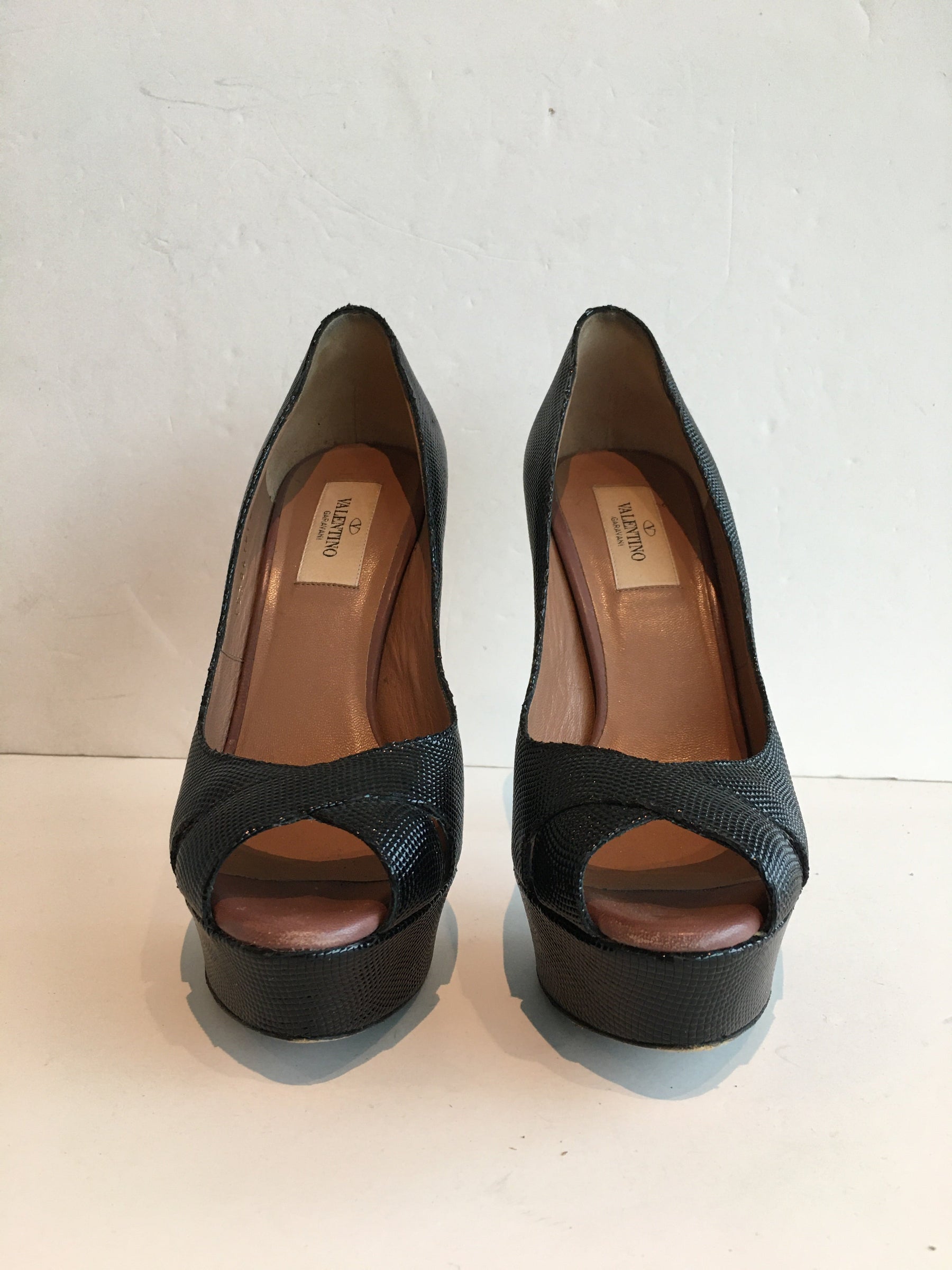 Valentino Texture Black Peep Toe Platform Stiletto Heels Front