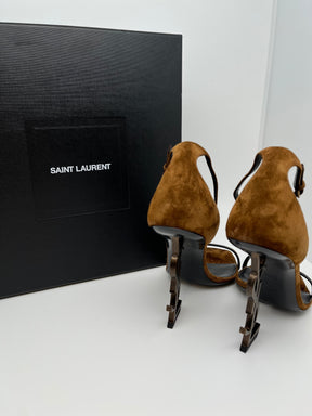 Opyum 110 YSL Brown Suede Heels with wrap around strap with buckle closure. Size 39 1/2. Great condition, box and dust bag included