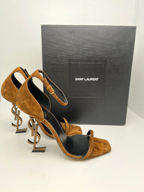 Opyum 110 YSL Brown Suede Heels with wrap around strap with buckle closure. Size 39 1/2. Great condition, box and dust bag included