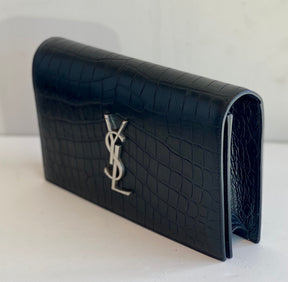 Saint Laurent Monogram Kate Black Croc Clutch Grained Leather Side