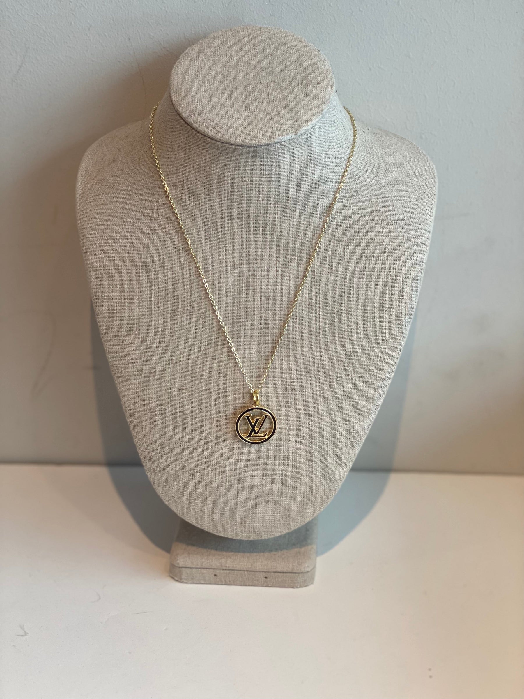 Designer Button Repurposed Necklace Circle Logo Gold-tone Hardware Black Detailing