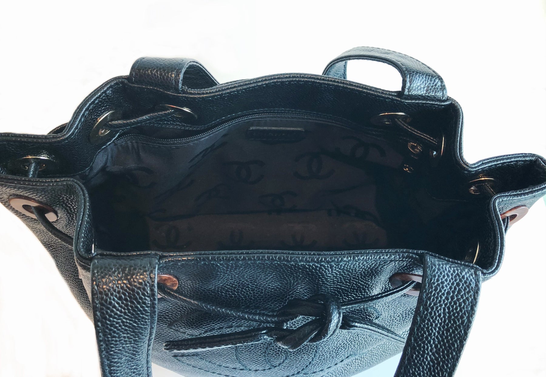Chanel Caviar Leather Bucket Bag Black Inside of Bag