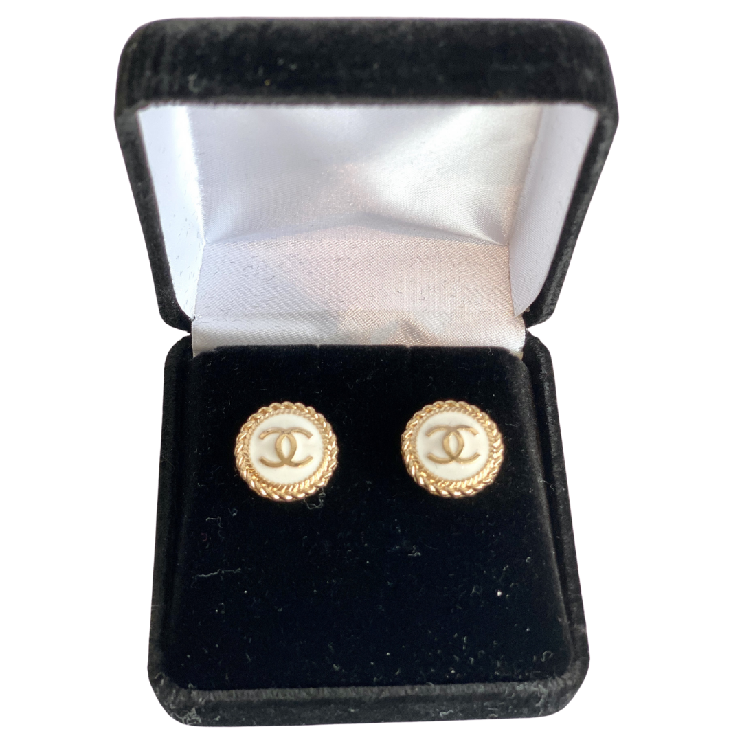 Designer Button Earrings - White & Gold Braided CC