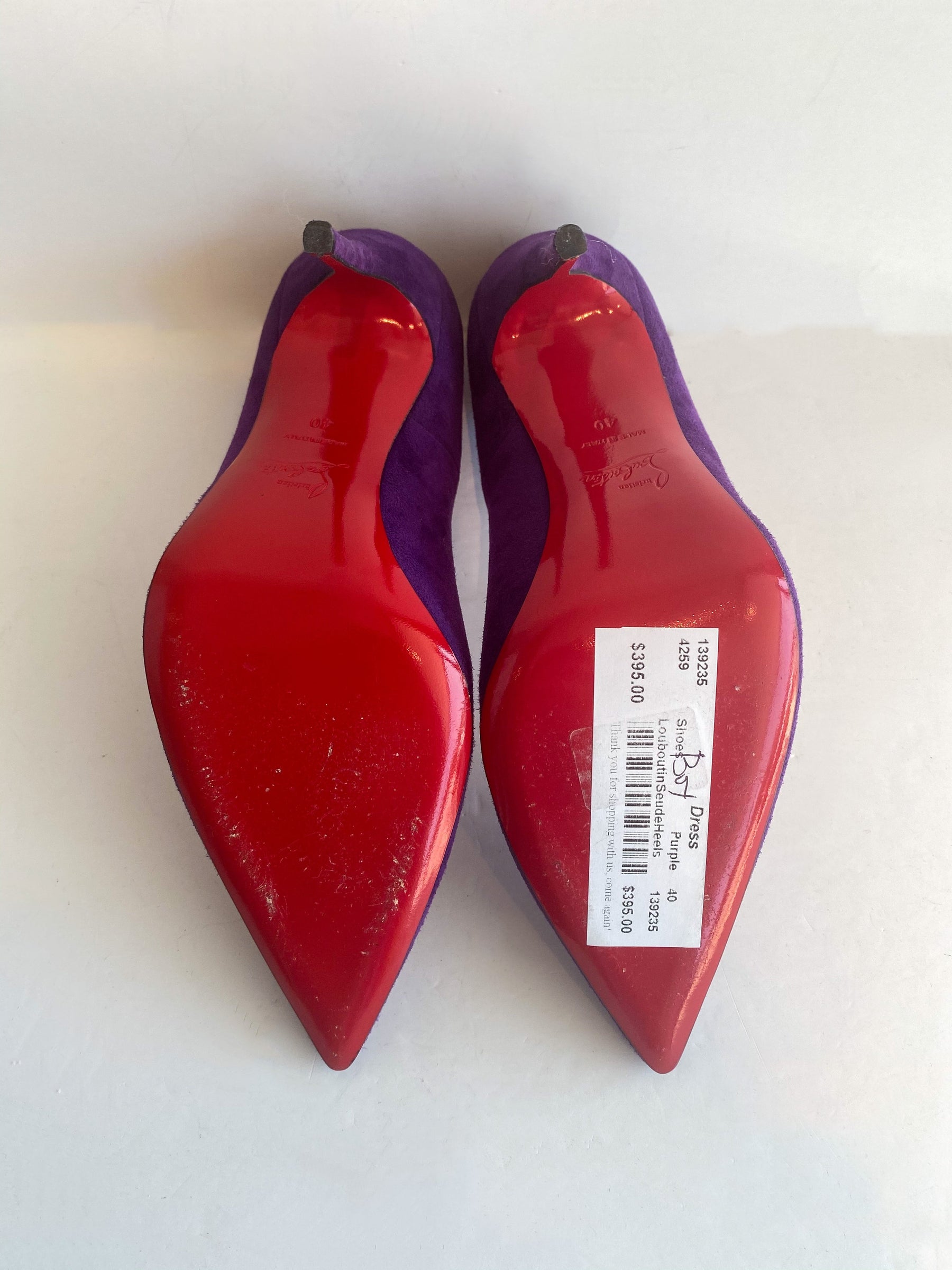 Christian Louboutin So Kate Suede Heels Violet Purple Bottom of Shoes