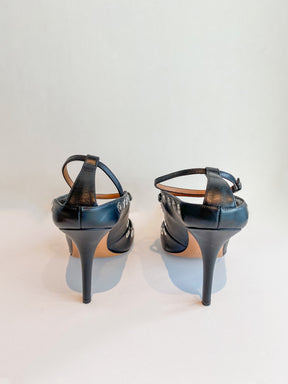 Givenchy Mary Jane Heels Black Leather Silver Circle Cutouts Back