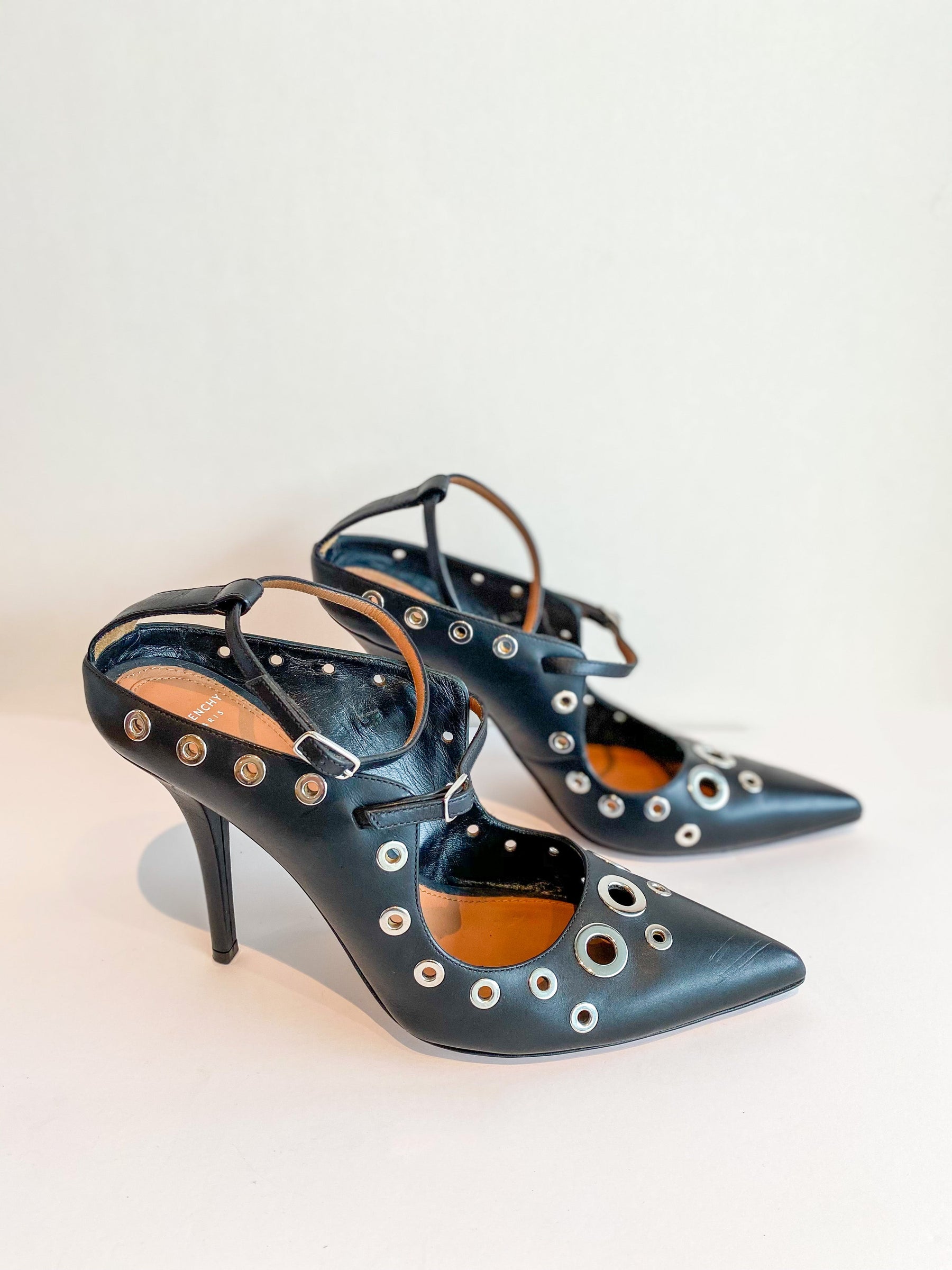 Givenchy Mary Jane Heels Black Leather Silver Circle Cutouts Side