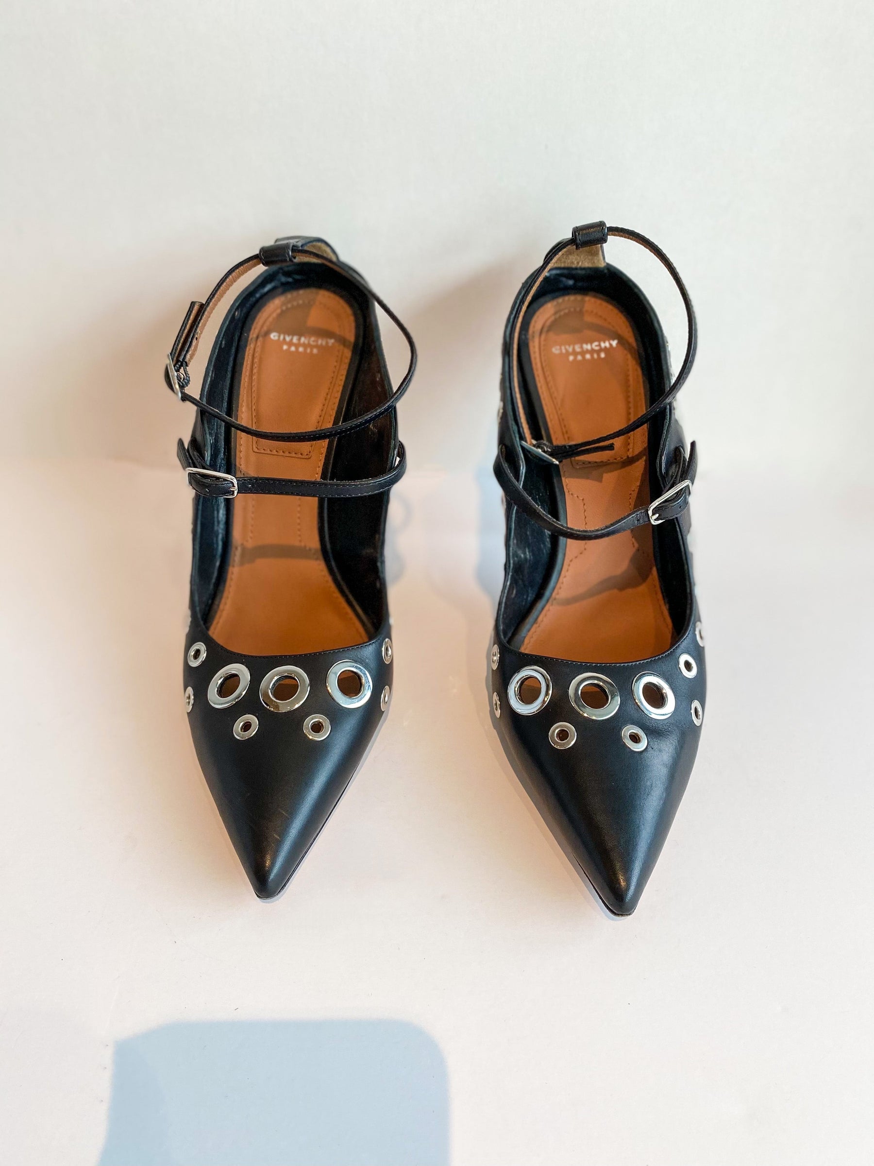 Givenchy Mary Jane Heels Black Leather Silver Circle Cutouts 