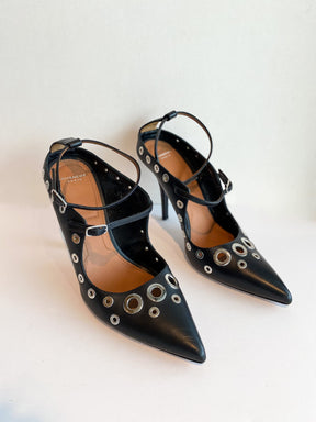 Givenchy Mary Jane Heels Black Leather Silver Circle Cutouts