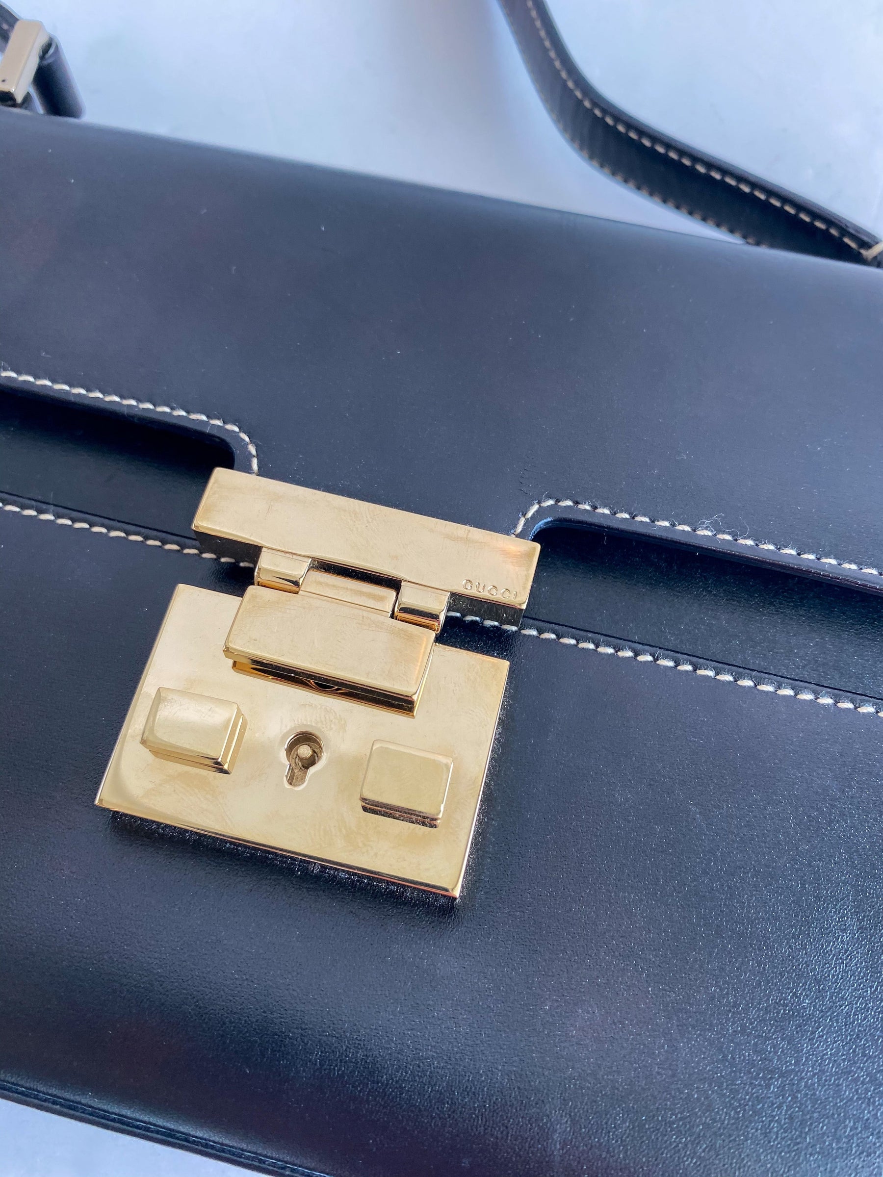 Gucci Leather Shoulder Bag Black Gold Padlock Closure