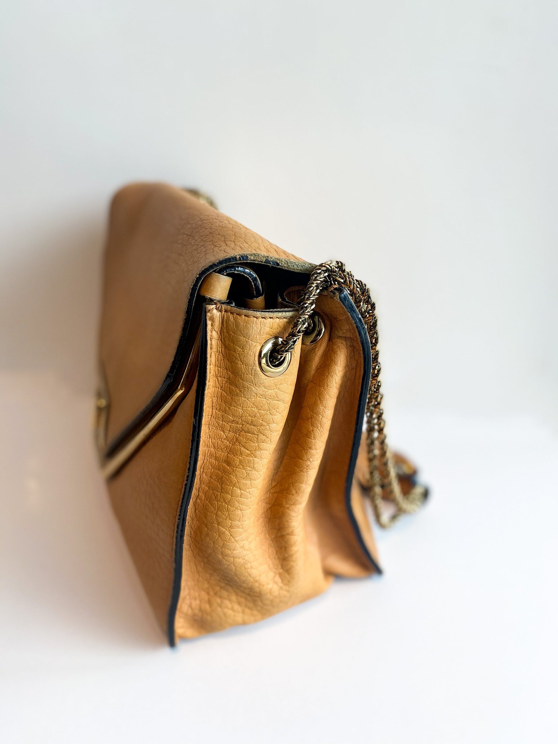Chloe Sally Bag Flap Handbag Tan Leather Side
