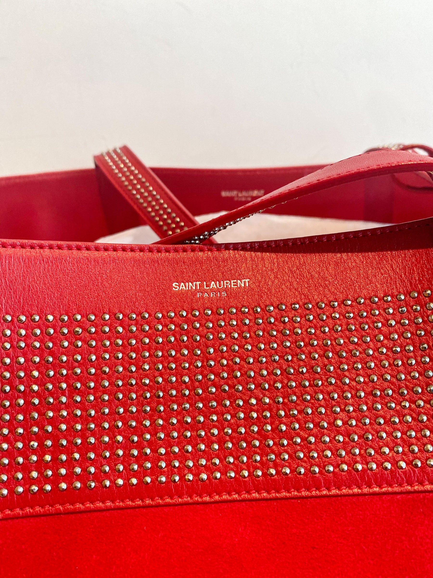 Saint Laurent Reversible Red Tote Bag Leather Suede Studded