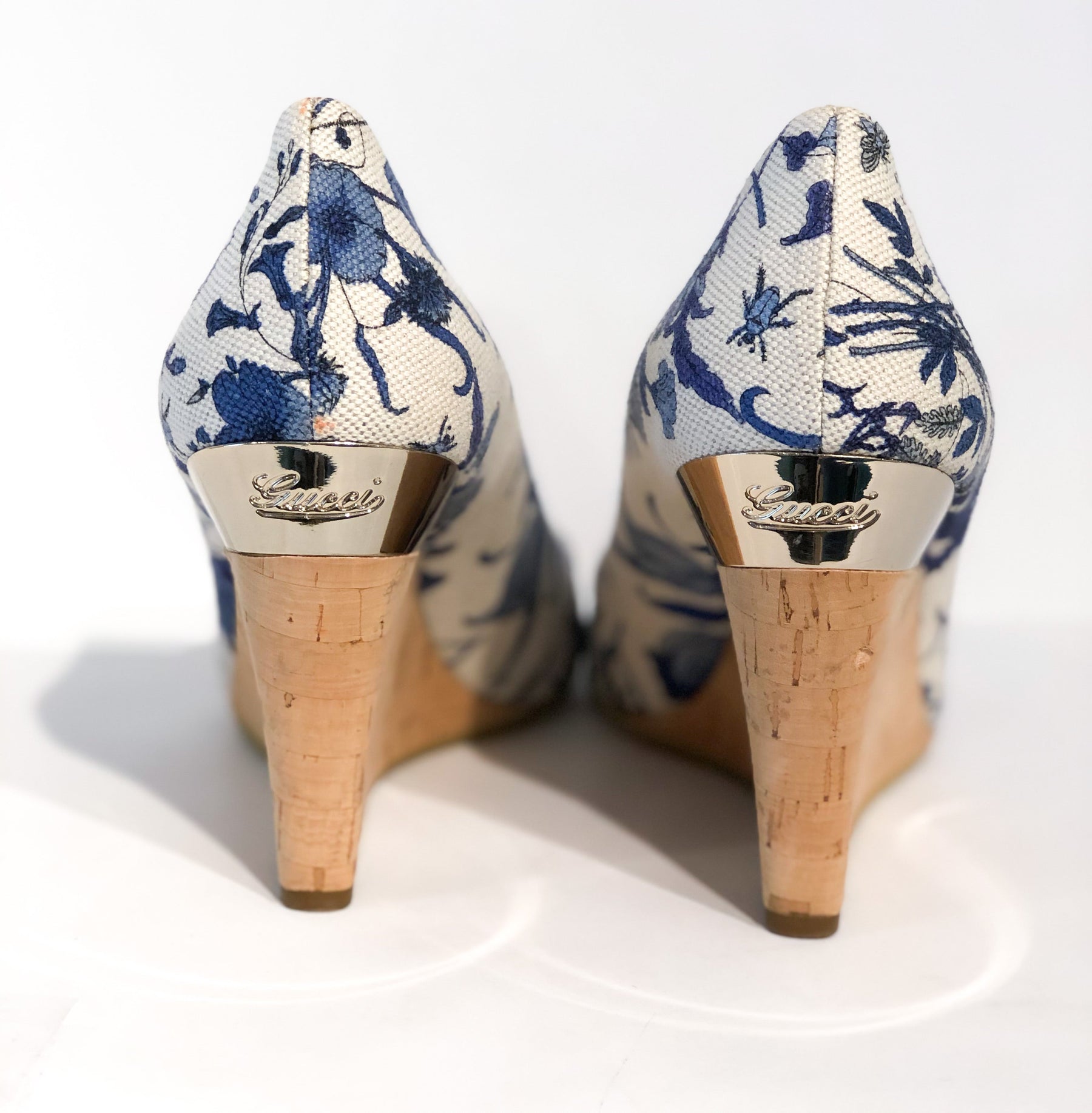 Gucci Floral Wedges Blue and White Back of Shoes