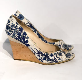 Gucci Floral Wedges Blue and White Side of Shoes