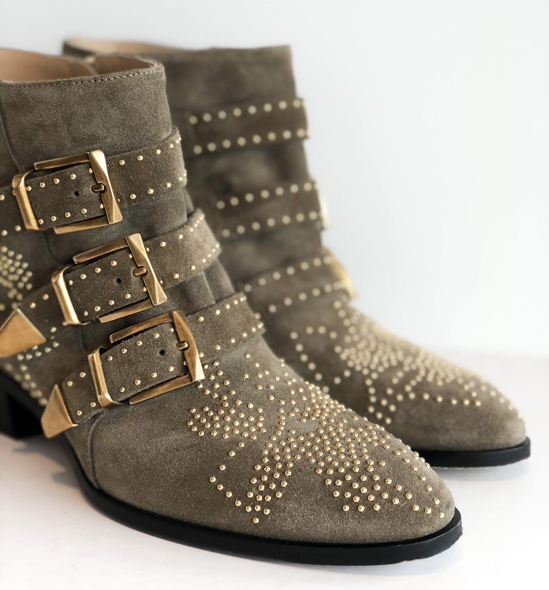 Chloe Taupe Stud Booties Gold Details