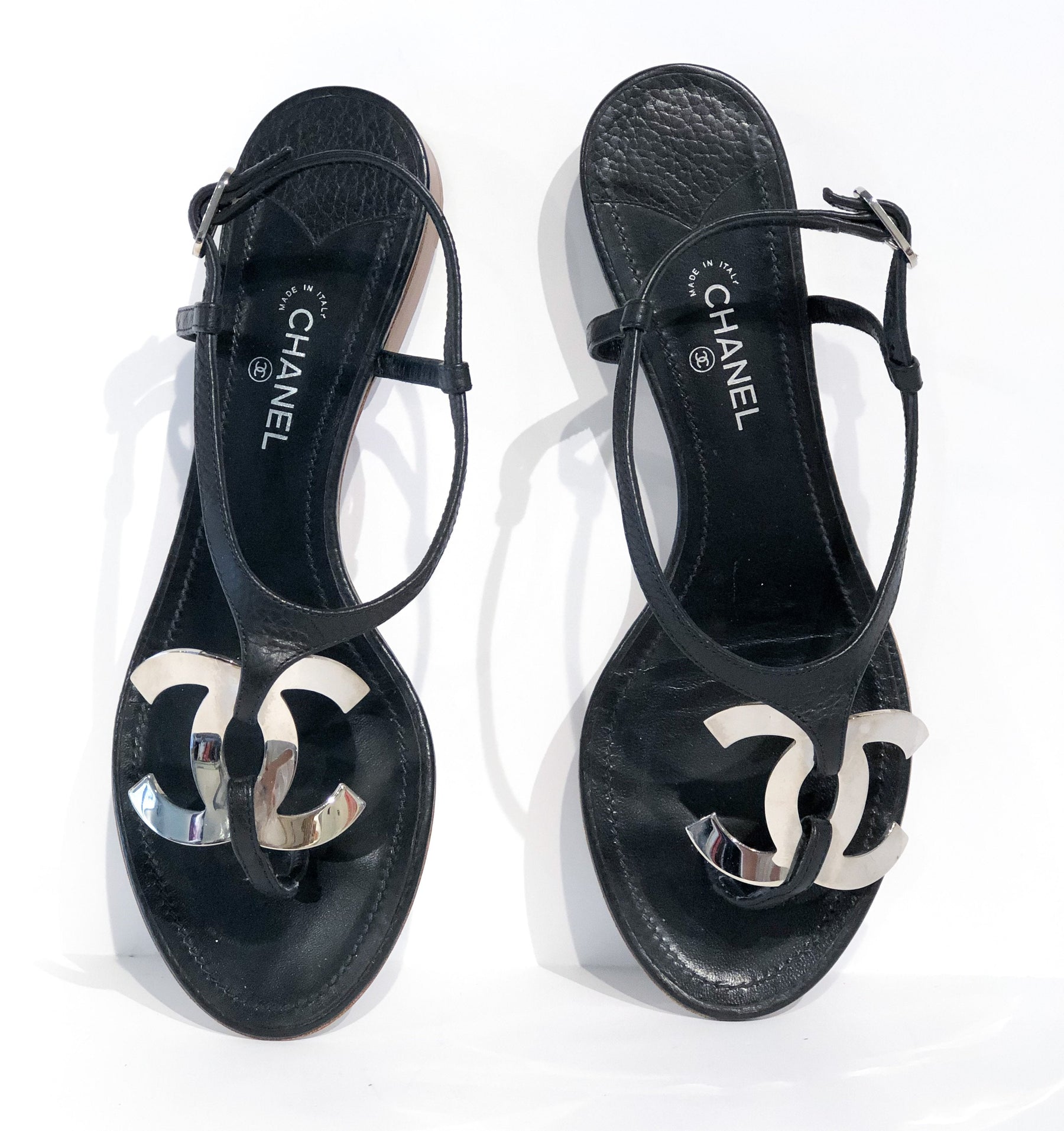 Chanel Black Leather Sandals Silver Interlocking CC Logo