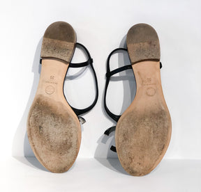 Chanel Black Leather Sandals Silver Interlocking CC Logo Bottom of Shoes