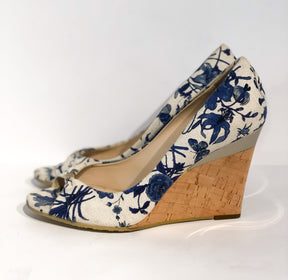 Gucci Floral Wedges Blue and White Side of Shoes