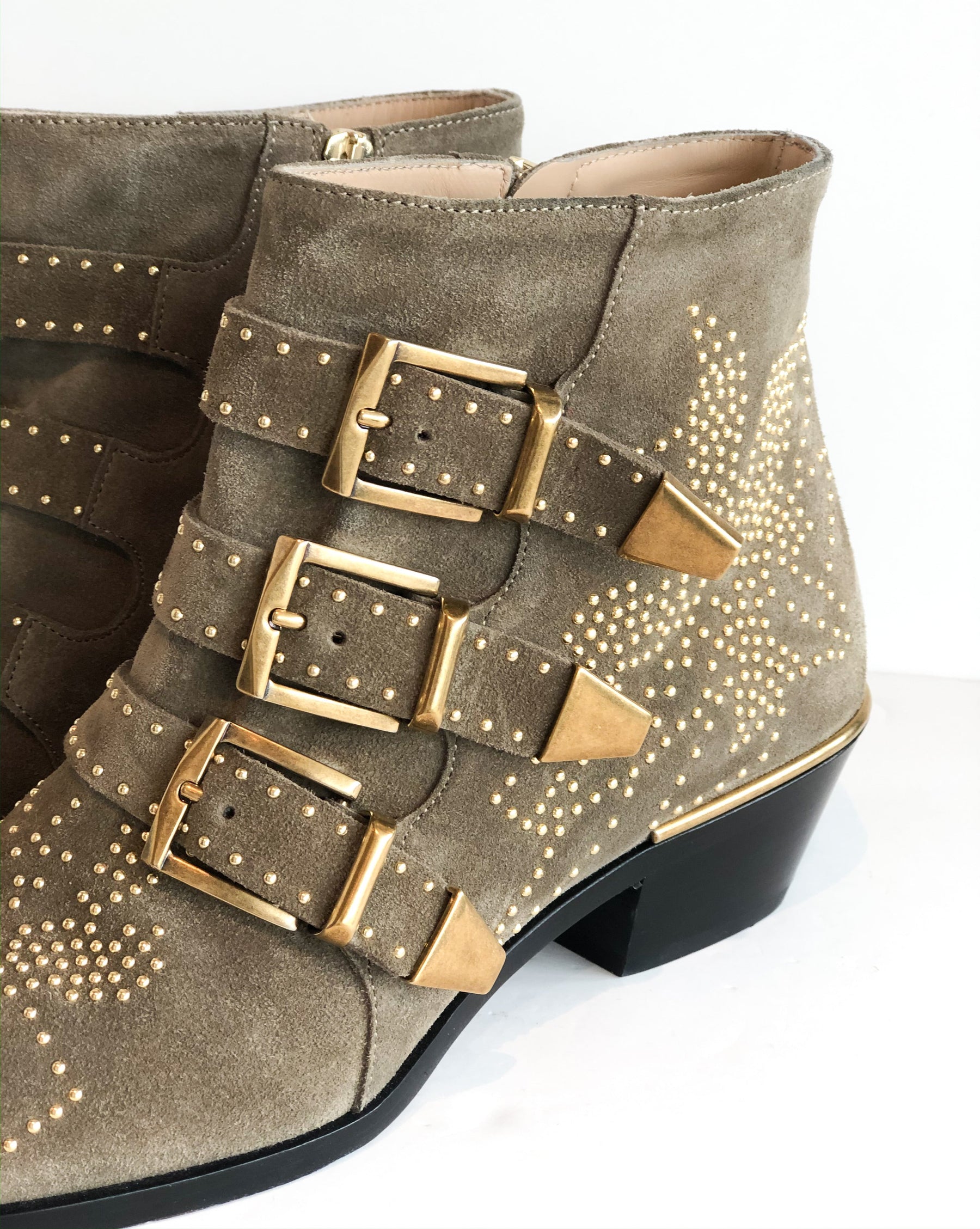 Chloe Taupe Stud Booties Gold Details