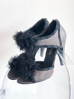 Chanel Gray Heels Pom Pom