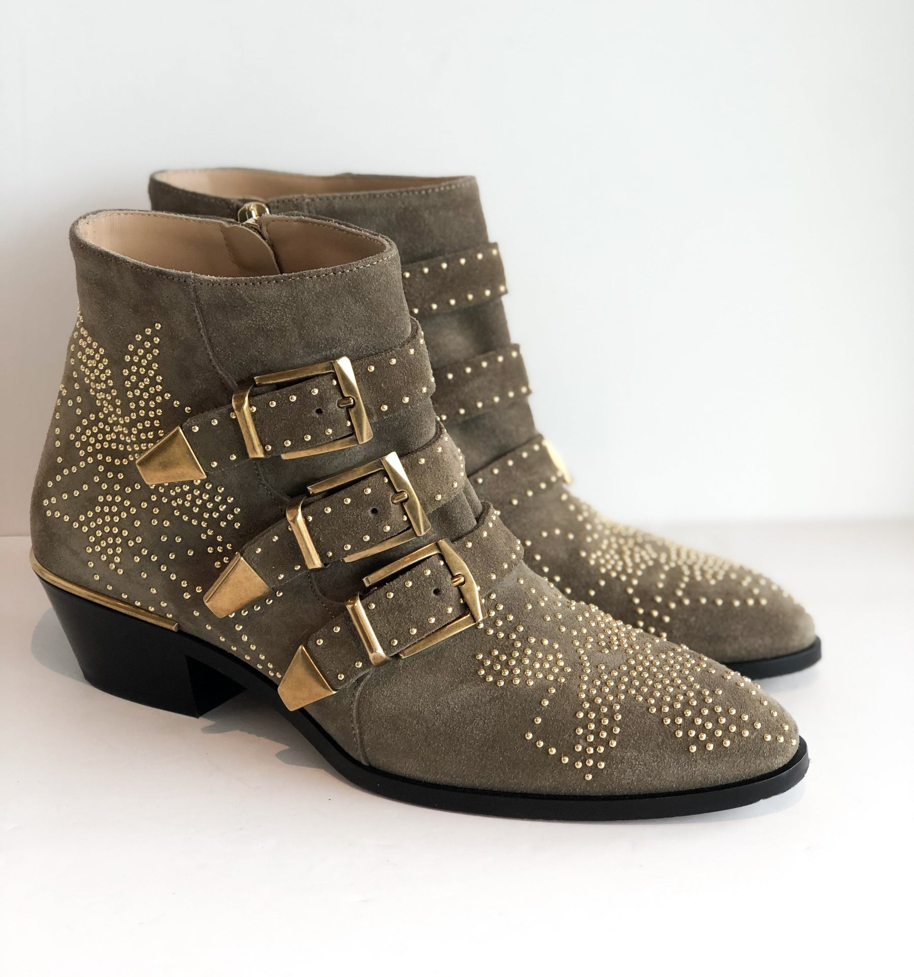 Chloe Taupe Stud Booties Gold Side of Shoes