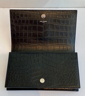 Saint Laurent Monogram Kate Black Croc Clutch Grained Leather Interior Snap Closure